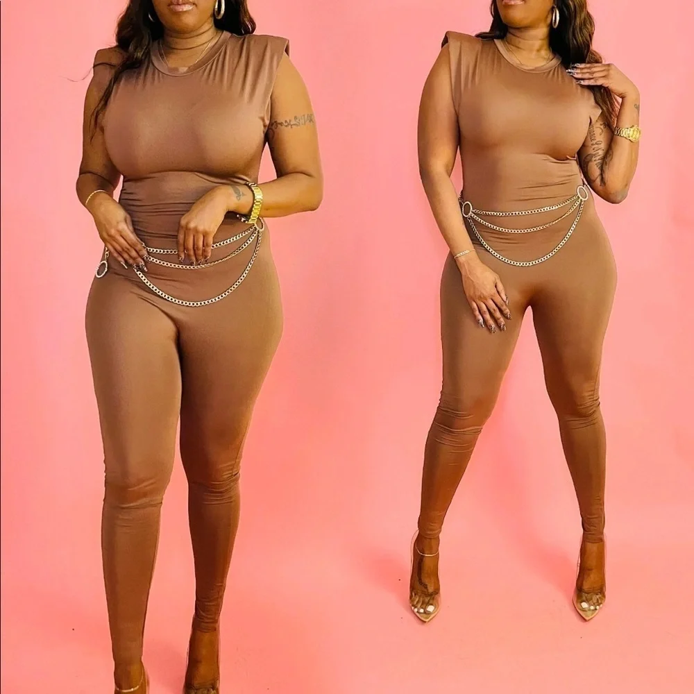 J. ELISE BOUTIQUE FITTED BODYCON COFFEE POWER SHOULDER SLEEVELESS SOLID JUMPSUIT